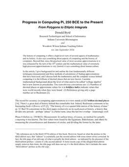 Progress in Computing Pi, 250 BCE to the Present
