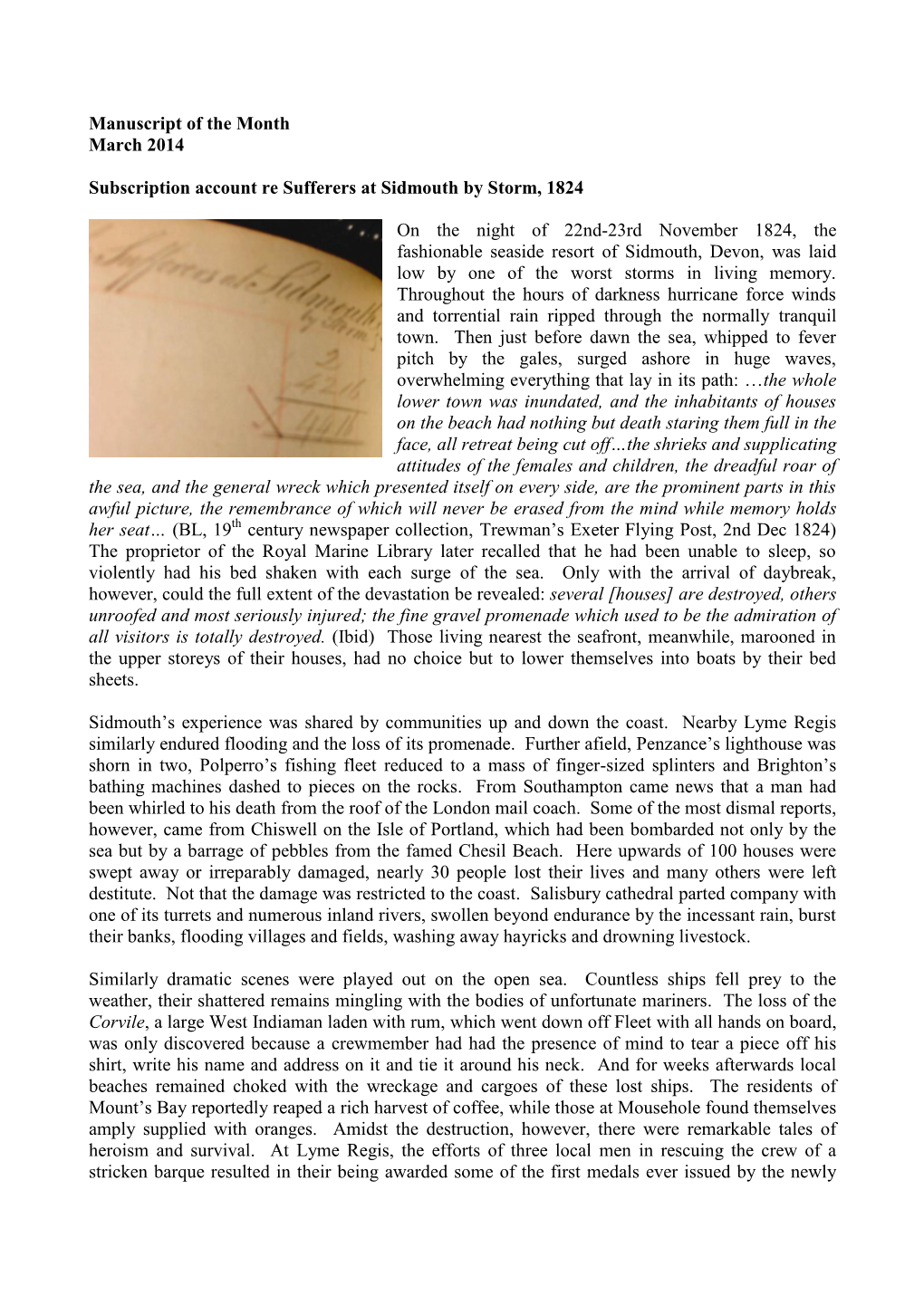 Manuscript of the Month March 2014 Subscription Account Re Sufferers At