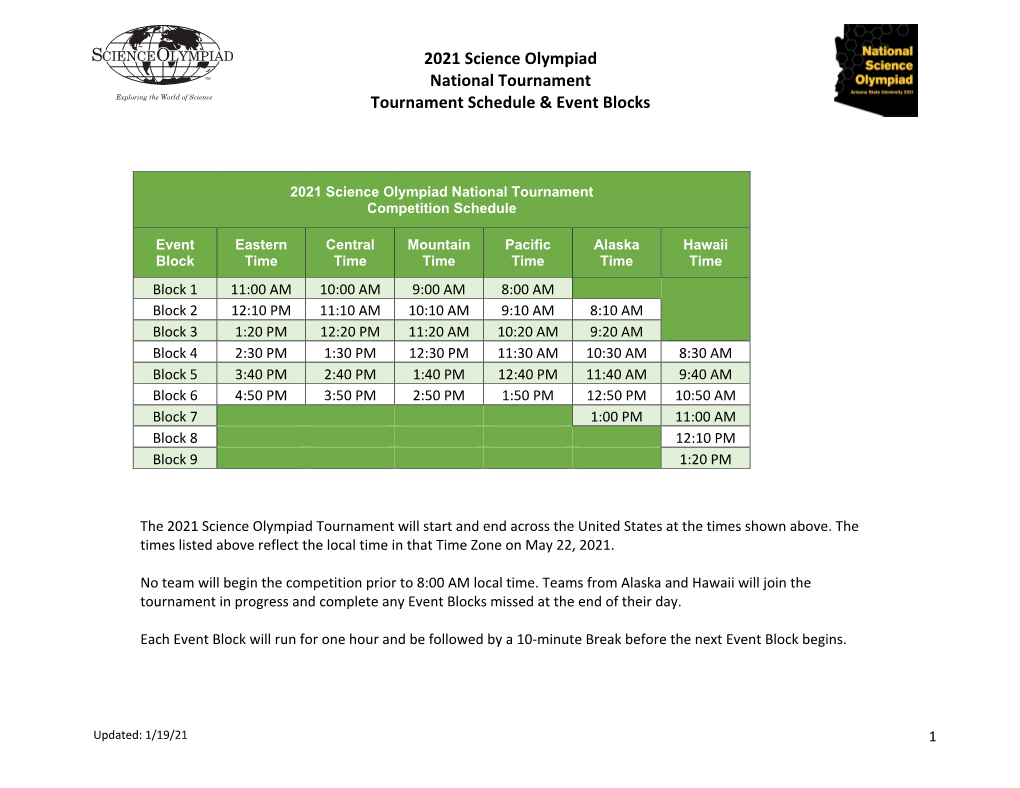 2021 Science Olympiad National Tournament Tournament Schedule & Event ...