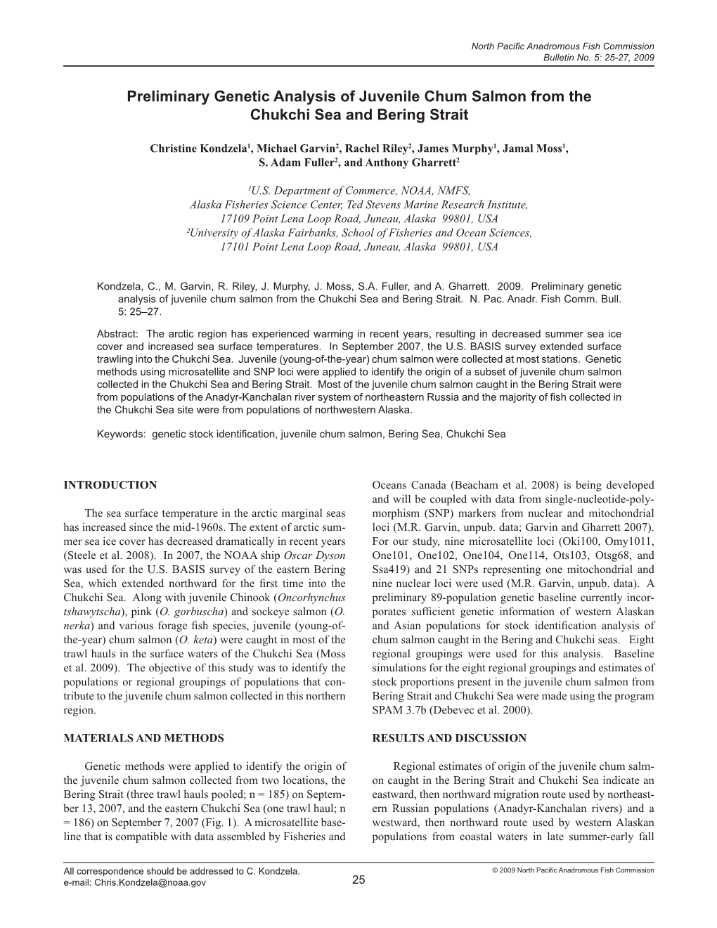 Preliminary Genetic Analysis of Juvenile Chum Salmon from the Chukchi Sea and Bering Strait