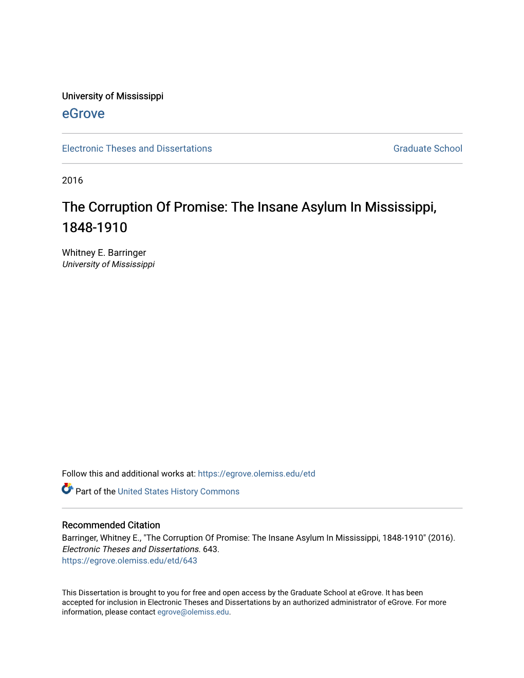 The Insane Asylum in Mississippi, 1848-1910