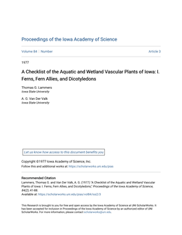 A Checklist of the Aquatic and Wetland Vascular Plants of Iowa: I