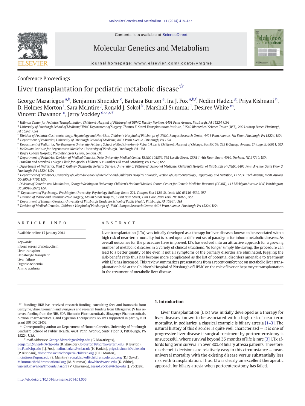 Liver Transplantation for Pediatric Metabolic Disease☆