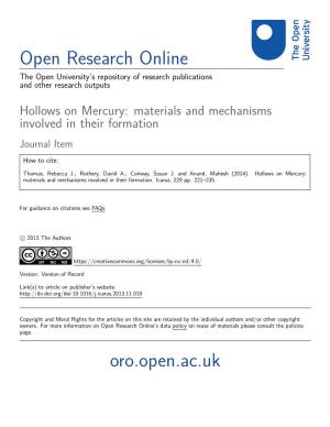 Hollows on Mercury: Materials and Mechanisms Involved in Their Formation Journal Item