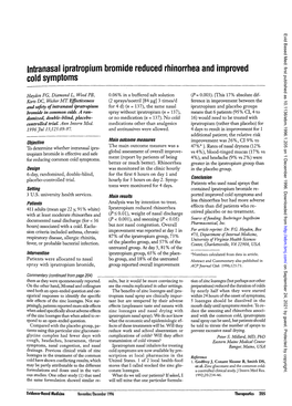 Intranasal Ipratropium Bromide Reduced Rhinorrhea and Improved Cold Symptoms
