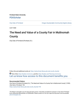 The Need and Value of a County Fair in Multnomah County