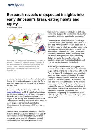 Research Reveals Unexpected Insights Into Early Dinosaur's Brain, Eating Habits and Agility 14 December 2020