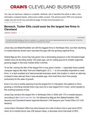 Benesch, Tucker Ellis Could Soon Be the Largest Law Firms in Cleveland JEREMY NOBILE � 