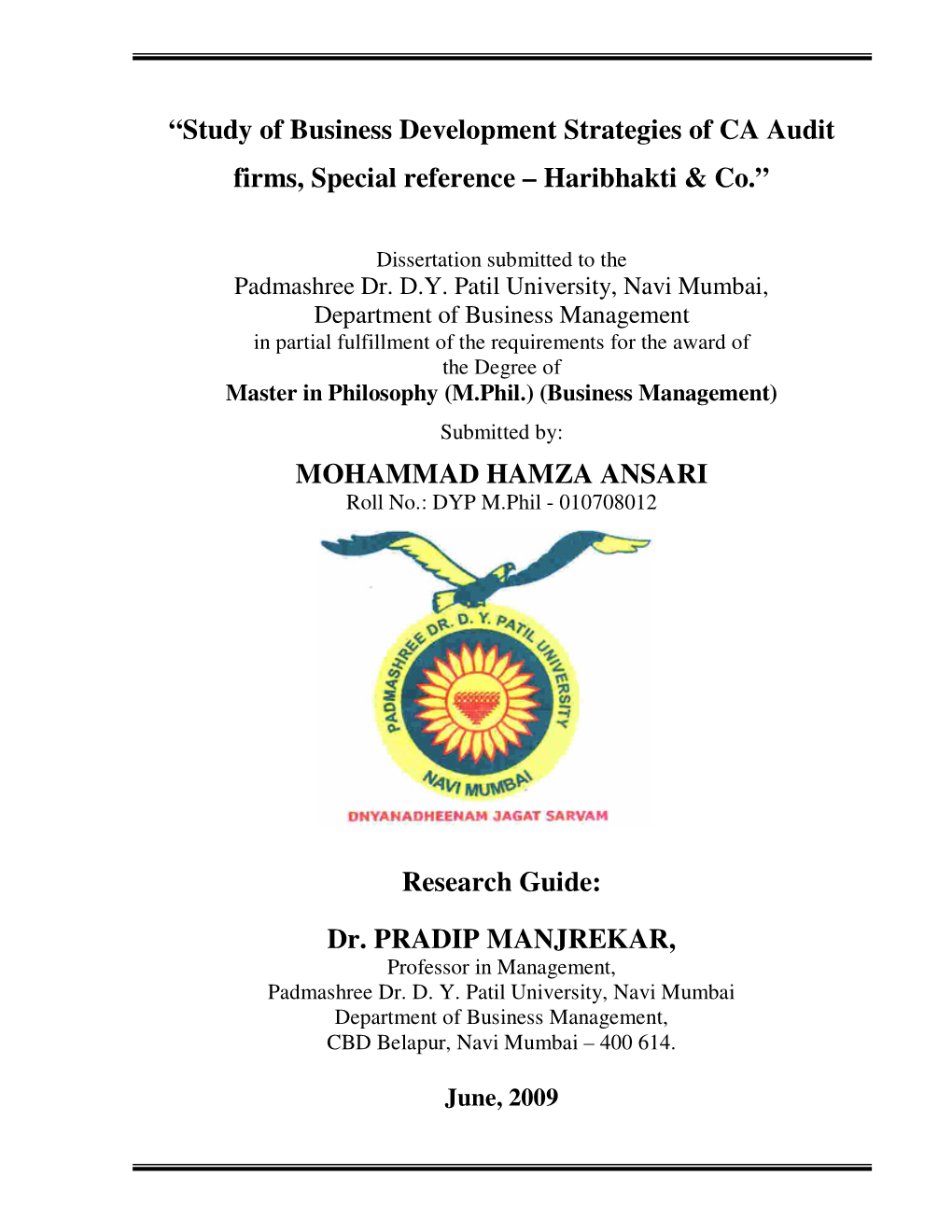 “Study of Business Development Strategies of CA Audit Firms, Special Reference – Haribhakti & Co.”