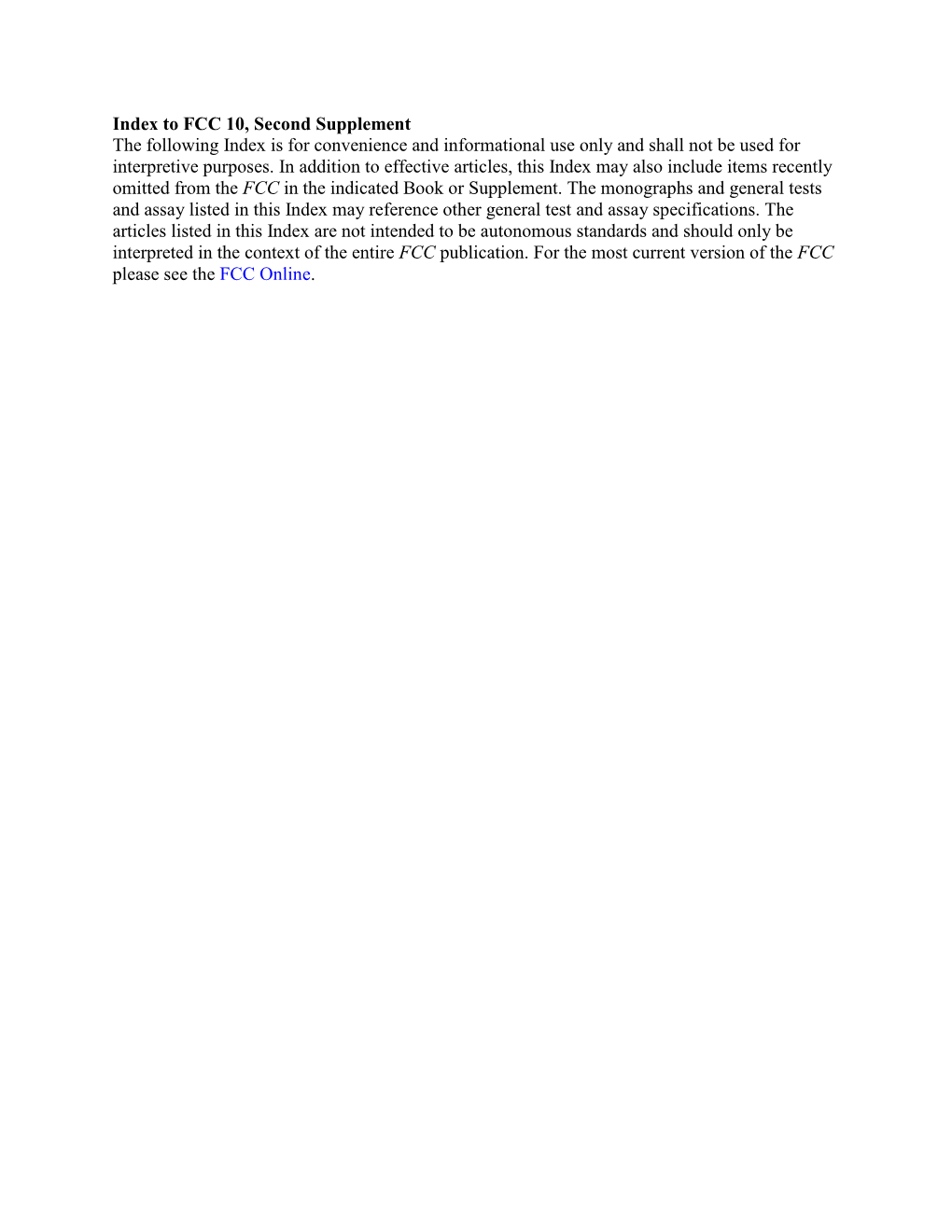 FCC 10, Second Supplement the Following Index Is for Convenience and Informational Use Only and Shall Not Be Used for Interpretive Purposes