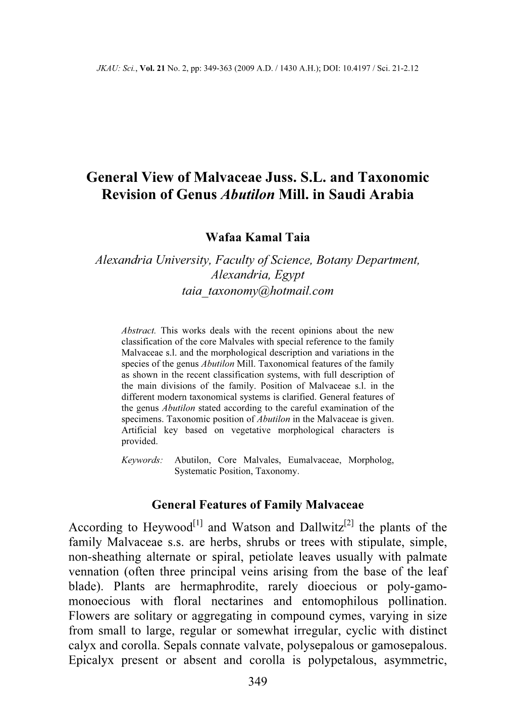 General View of Malvaceae Juss. S.L. and Taxonomic Revision of Genus Abutilon Mill