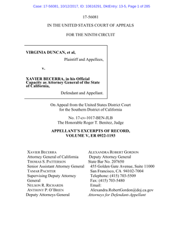 17-56081 in the UNITED STATES COURT of APPEALS for the NINTH CIRCUIT VIRGINIA DUNCAN, Et Al, Plaintiff and Appellees, V. XAVIER