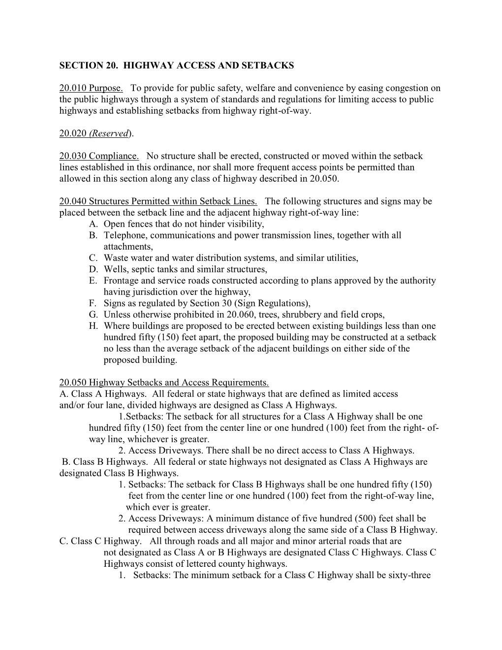 Section 20. Highway Access and Setbacks