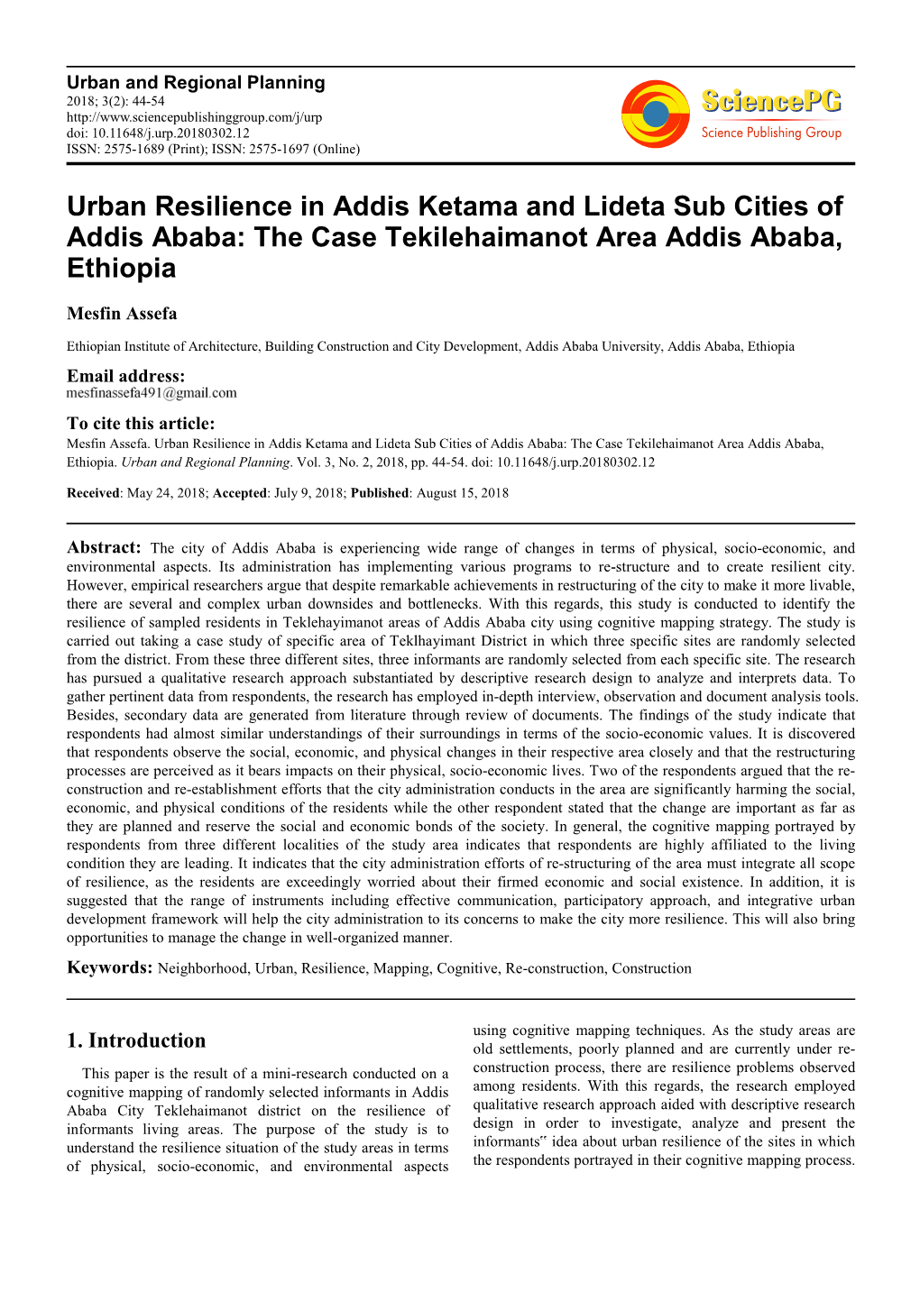 Urban Resilience in Addis Ketama and Lideta Sub Cities of Addis Ababa: the Case Tekilehaimanot Area Addis Ababa, Ethiopia