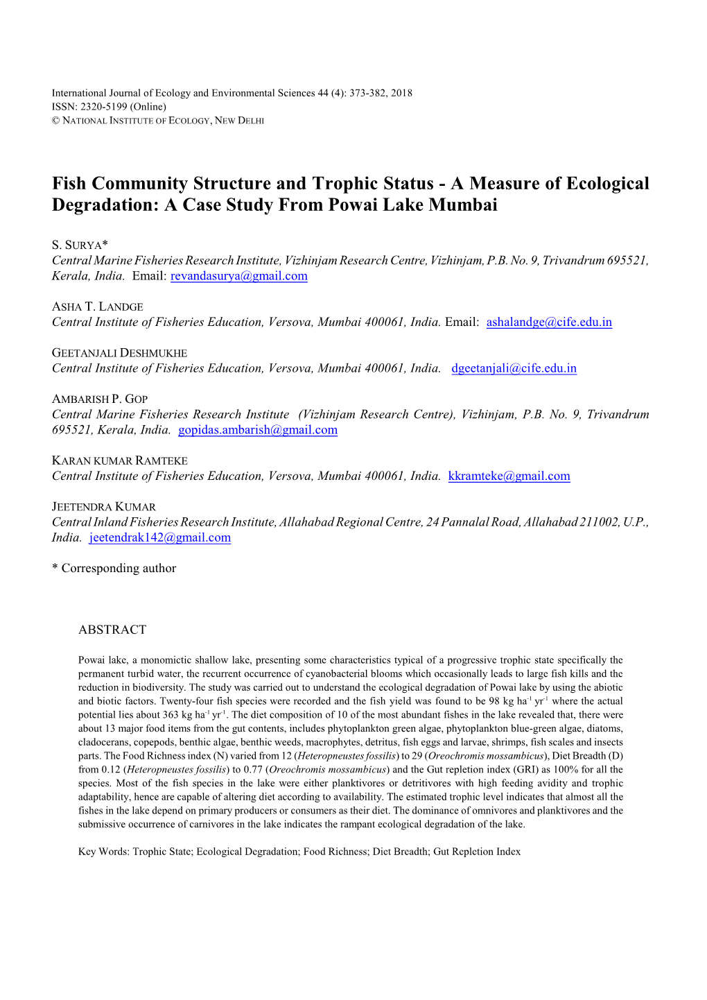 A Measure of Ecological Degradation: a Case Study from Powai Lake Mumbai