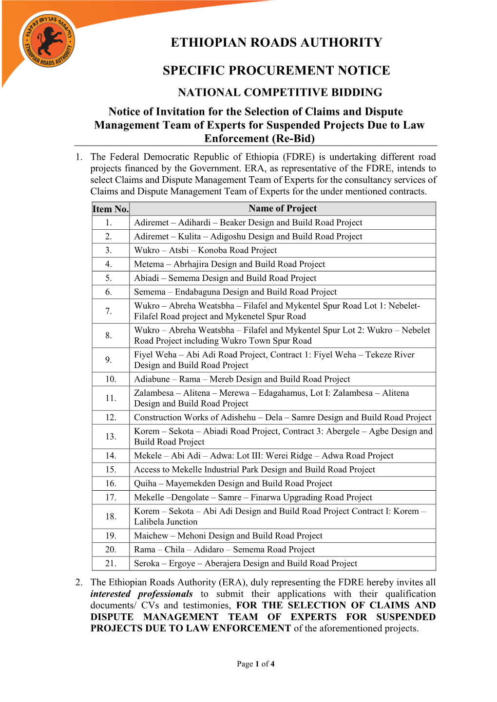 Notice of Invitation for Dispute Resolution Services of Four Road