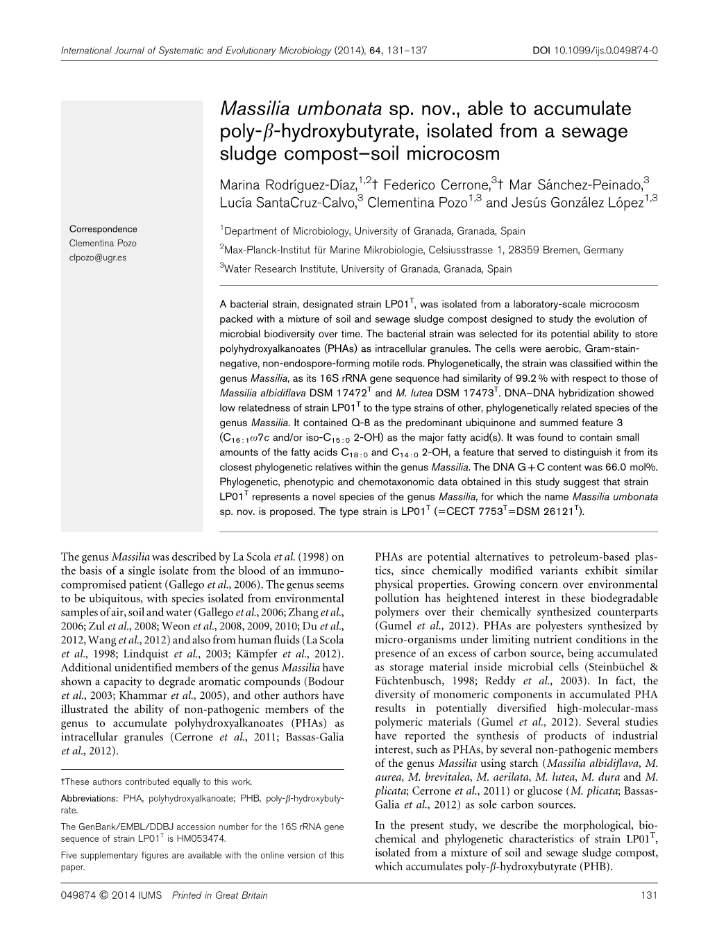 Massilia Umbonata Sp. Nov., Able to Accumulate Poly-B-Hydroxybutyrate, Isolated from a Sewage Sludge Compost–Soil Microcosm