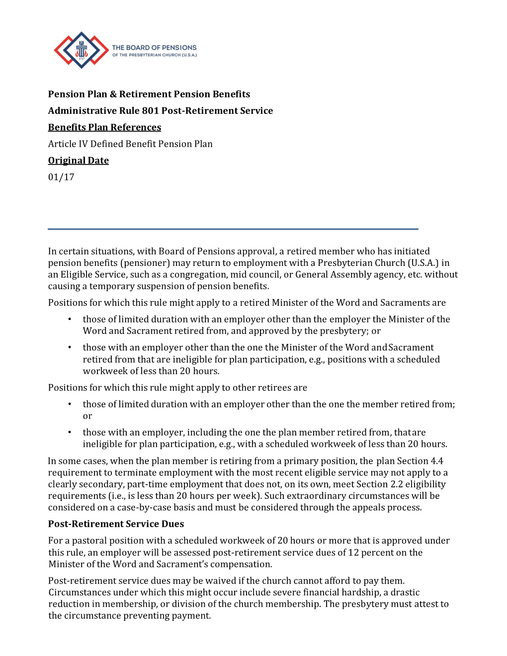 Administrative Rule 801 Post-Retirement Service Benefits Plan References Article IV Defined Benefit Pension Plan Original Date 01/17