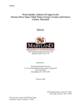 Water Quality Analysis of Copper in the Potomac River Upper Tidal, Prince George’S County and Charles County, Maryland