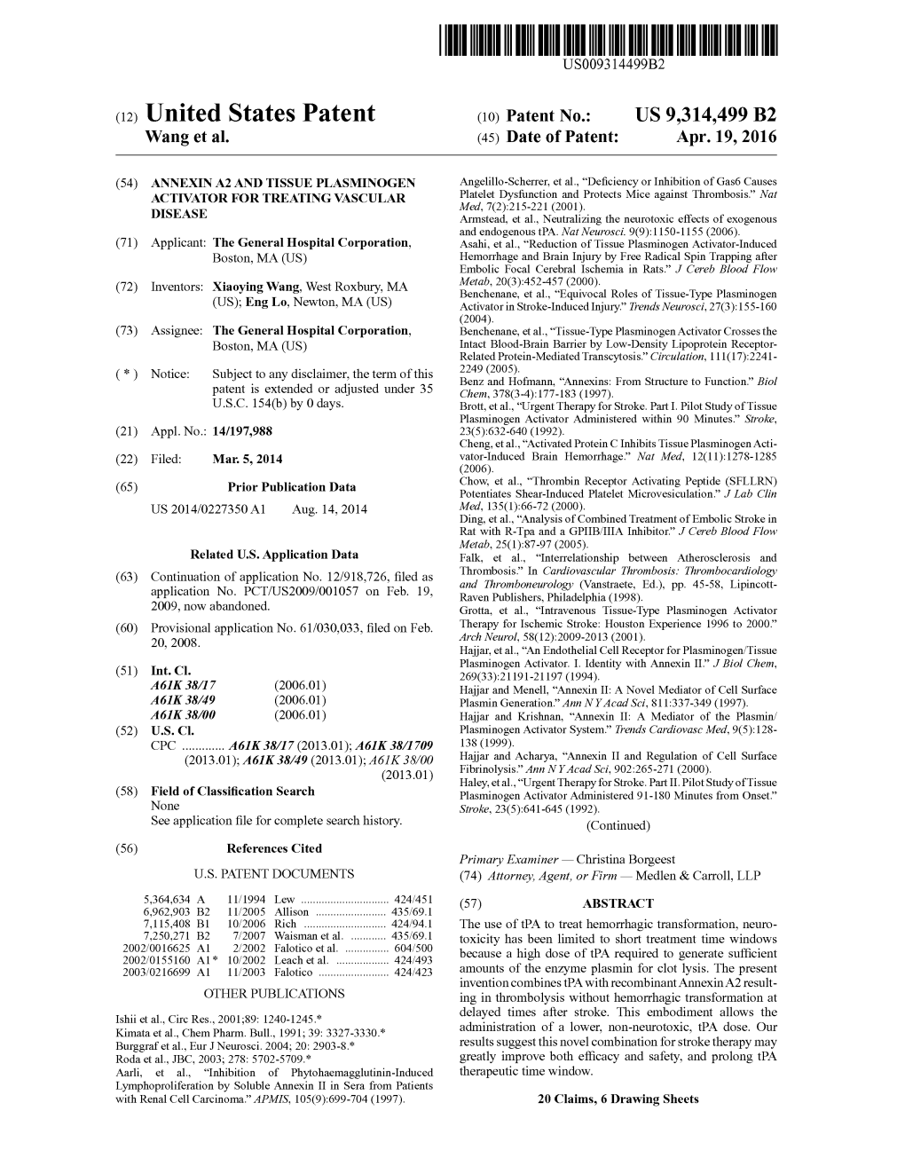 (12) United States Patent (10) Patent No.: US 9,314.499 B2 Wang Et Al