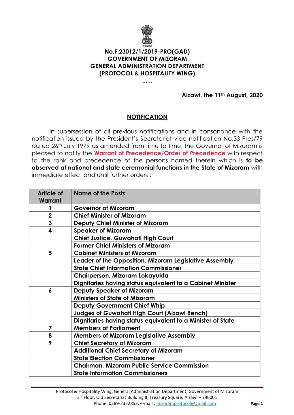 MIZORAM WARRANT of PRECEDENCE 2020.Pdf