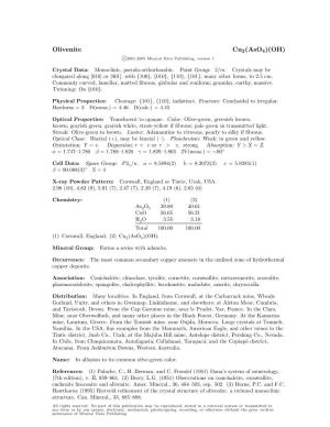 Olivenite Cu2(Aso4)(OH) C 2001-2005 Mineral Data Publishing, Version 1