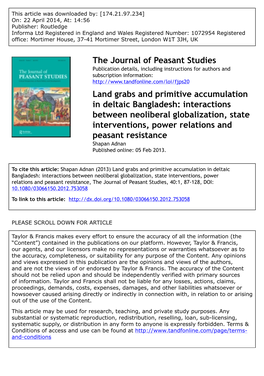 The Journal of Peasant Studies Land Grabs and Primitive Accumulation in Deltaic Bangladesh