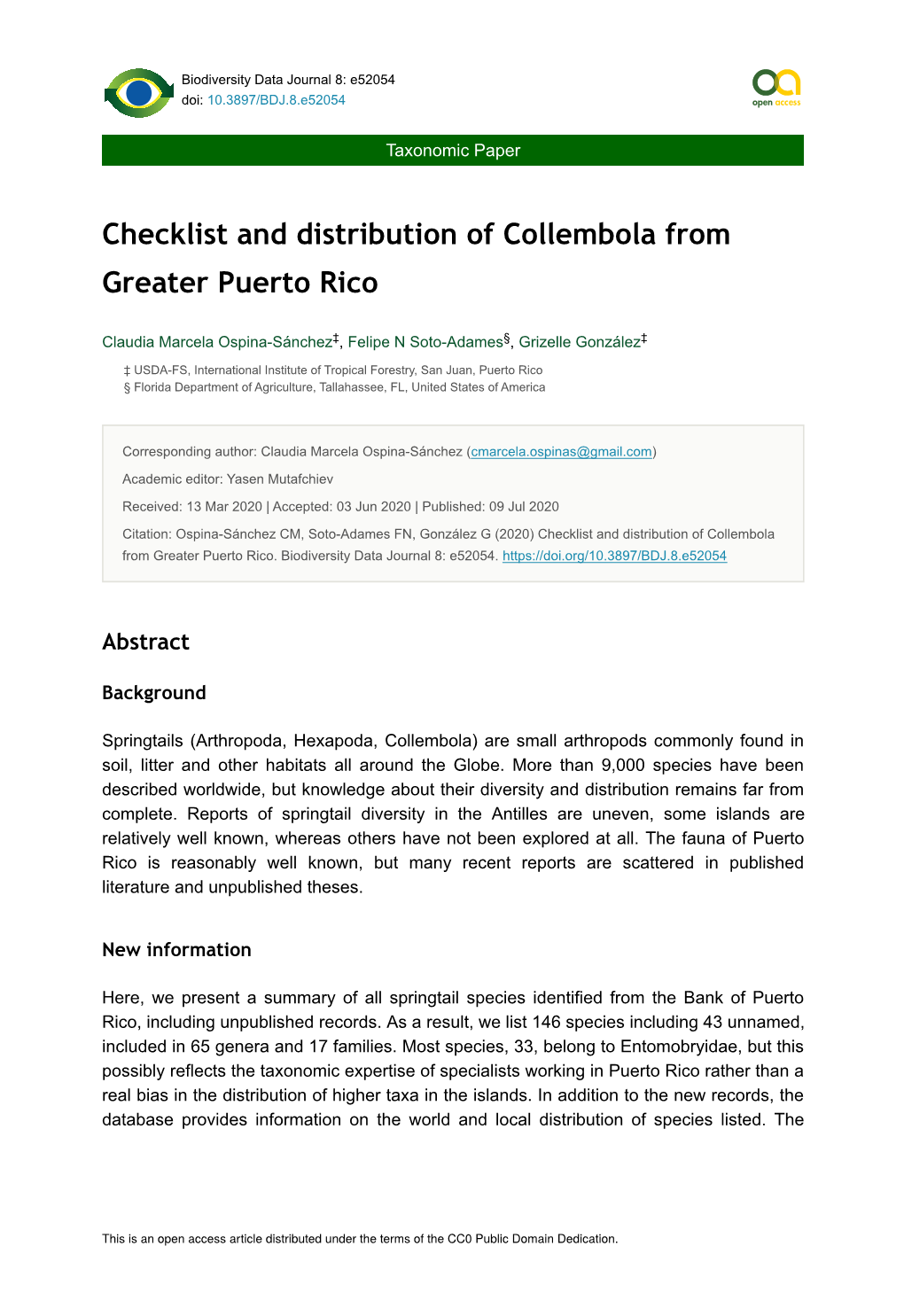 Checklist and Distribution of Collembola from Greater Puerto Rico