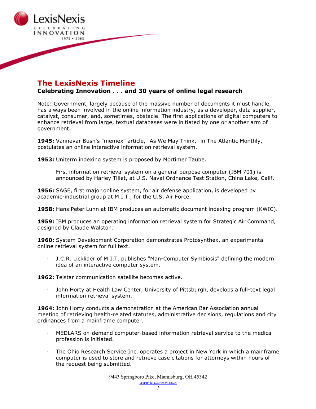 The Lexisnexis Timeline Celebrating Innovation