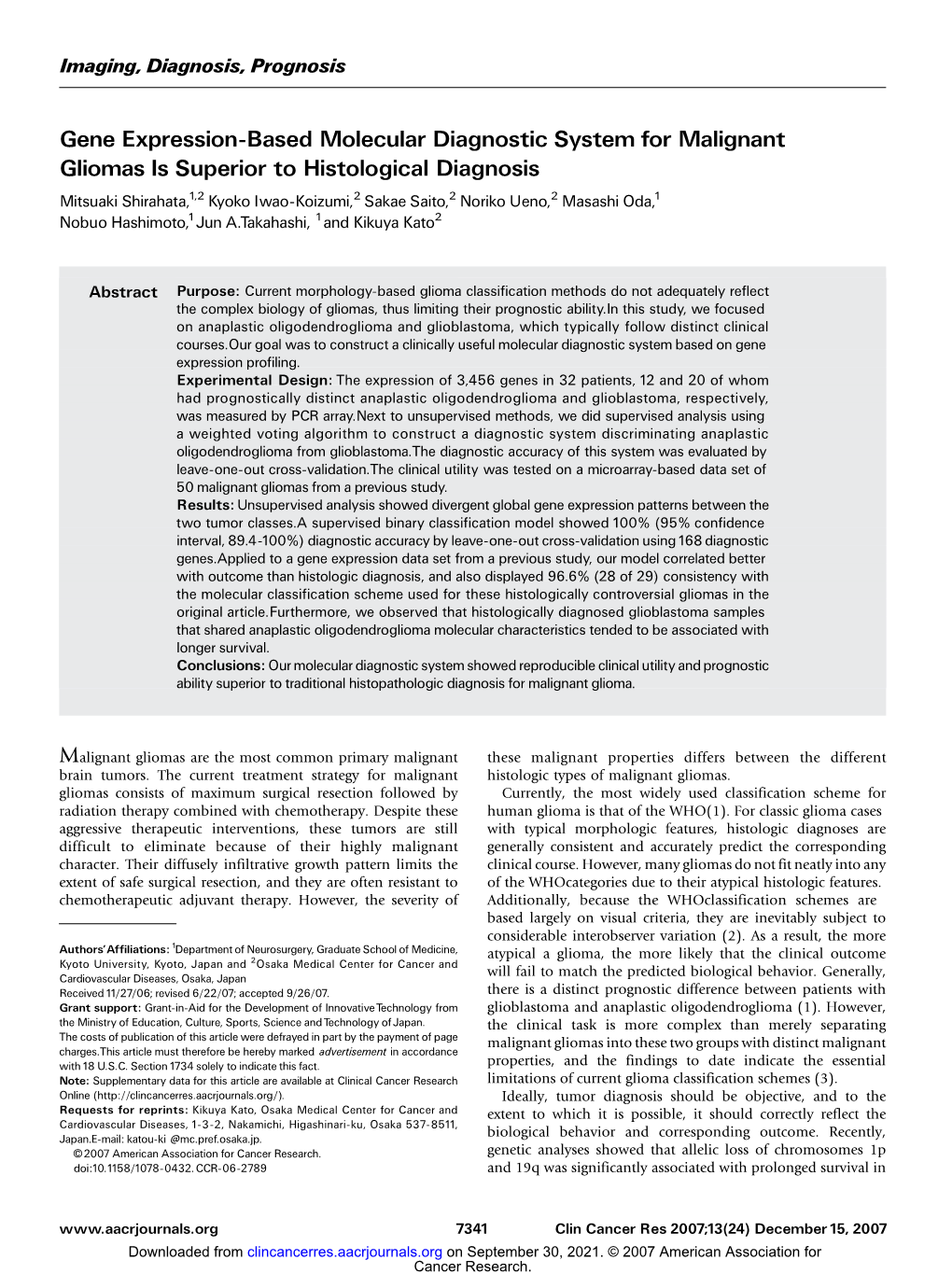 Gene Expression-Based Molecular Diagnostic System for Malignant