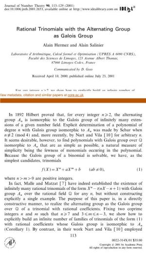 Rational Trinomials with the Alternating Group As Galois Group