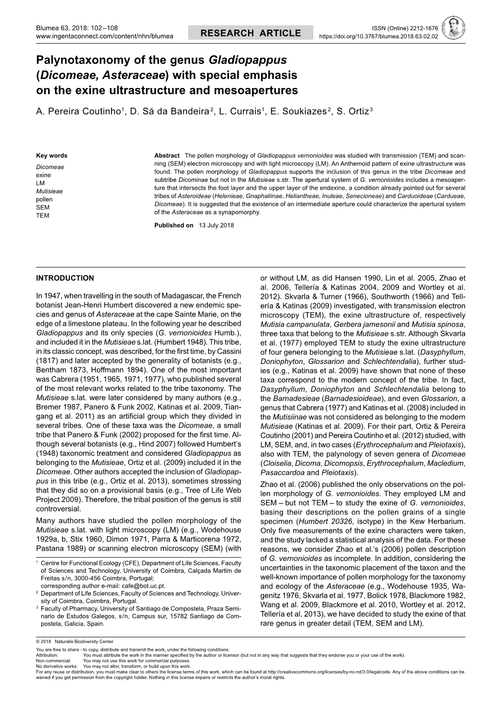 Dicomeae, Asteraceae) with Special Emphasis on the Exine Ultrastructure and Mesoapertures