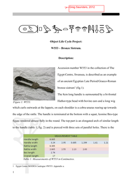 Object Life Cycle Project: W553 – Bronze Sistrum. Description
