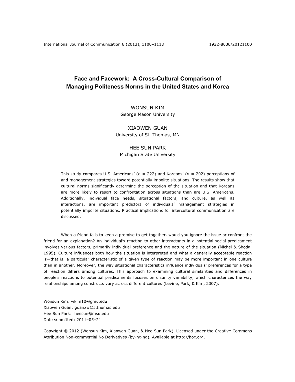 Face and Facework: a Cross-Cultural Comparison of Managing Politeness Norms in the United States and Korea