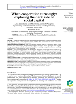 Exploring the Dark Side of Social Capital Social Capital Has Been Discussed for Decades with Some Variations in Definitions and Applications