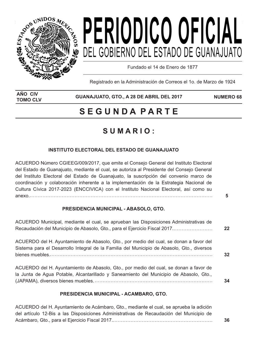 ACUERDO Municipal, Mediante El Cual, Se Aprueban Las Disposiciones Administrativas De Recaudación Del Municipio De Abasolo, Gto., Para El Ejercicio Fiscal 2017