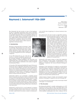 Raymond J. Solomonoff 1926–2009 Peter Gács Boston University Paul M