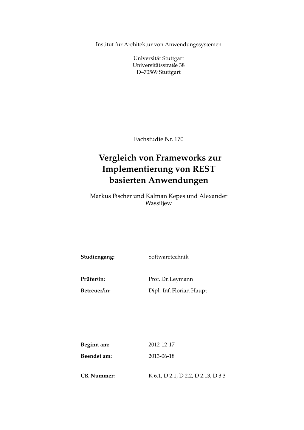 Vergleich Von Frameworks Zur Implementierung Von REST Basierten Anwendungen