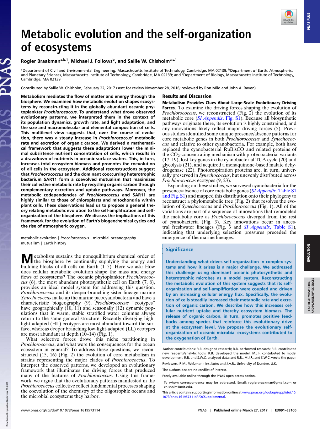 Metabolic Evolution and the Self-Organization of Ecosystems