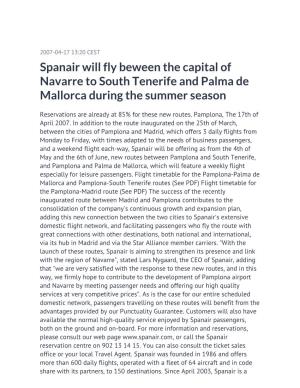 Spanair Will Fly Beween the Capital of Navarre to South Tenerife and Palma De Mallorca During the Summer Season