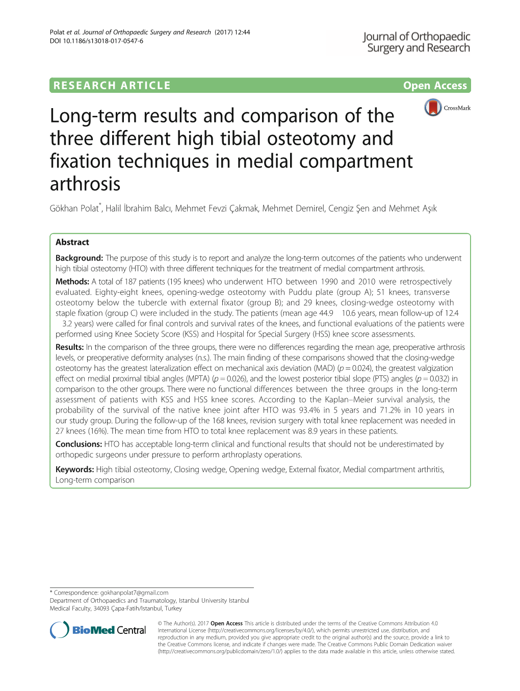 Long-Term Results and Comparison of the Three Different High Tibial