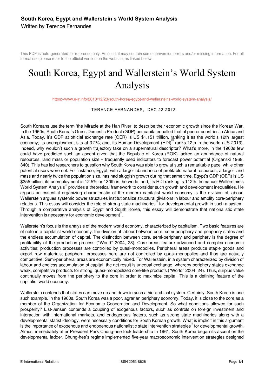 South Korea, Egypt and Wallerstein's World System Analysis