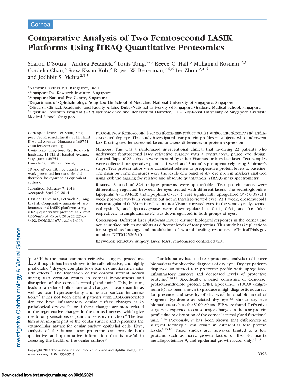 Comparative Analysis of Two Femtosecond LASIK Platforms Using Itraq Quantitative Proteomics