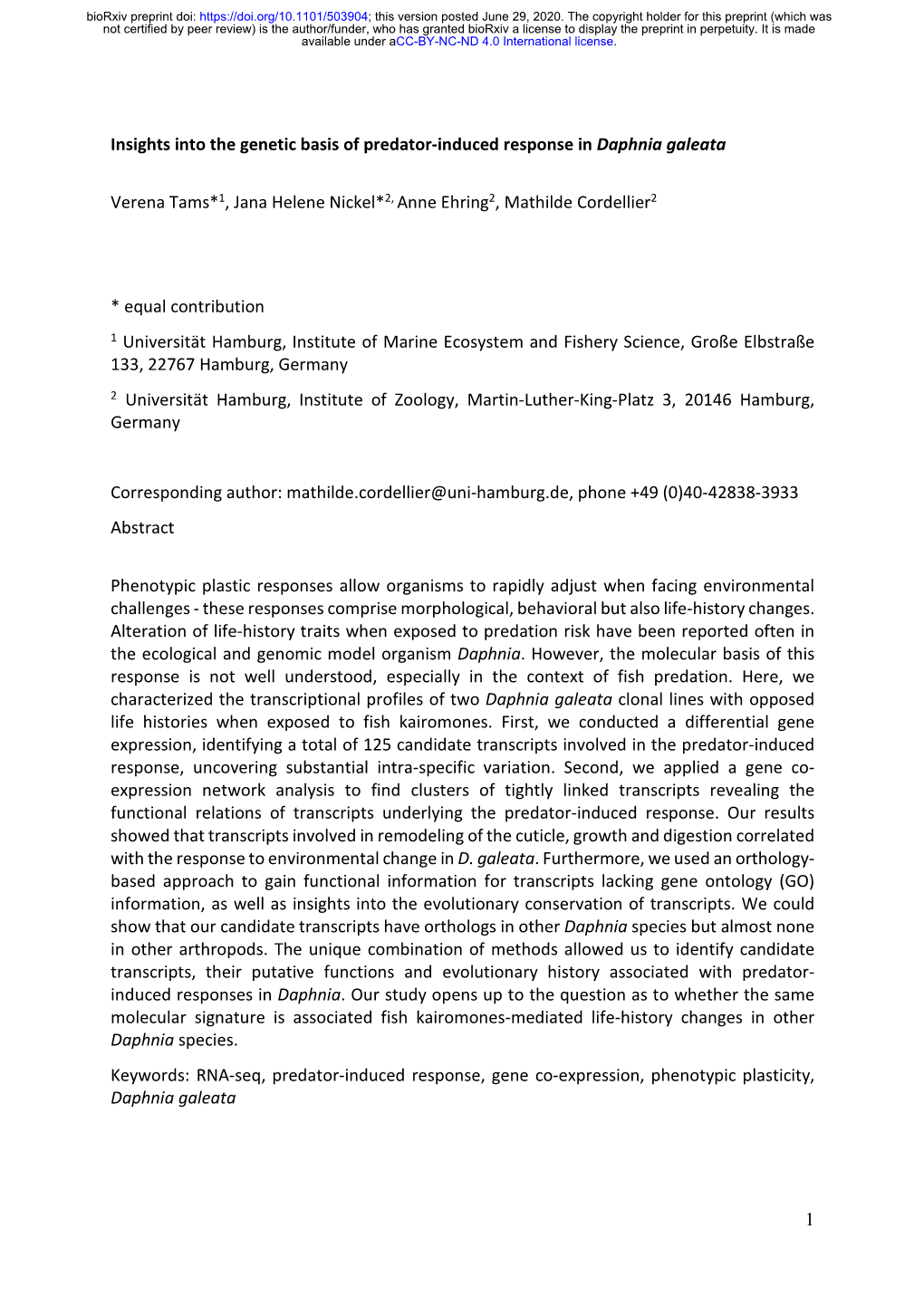 Insights Into the Genetic Basis of Predator-Induced Response in Daphnia Galeata