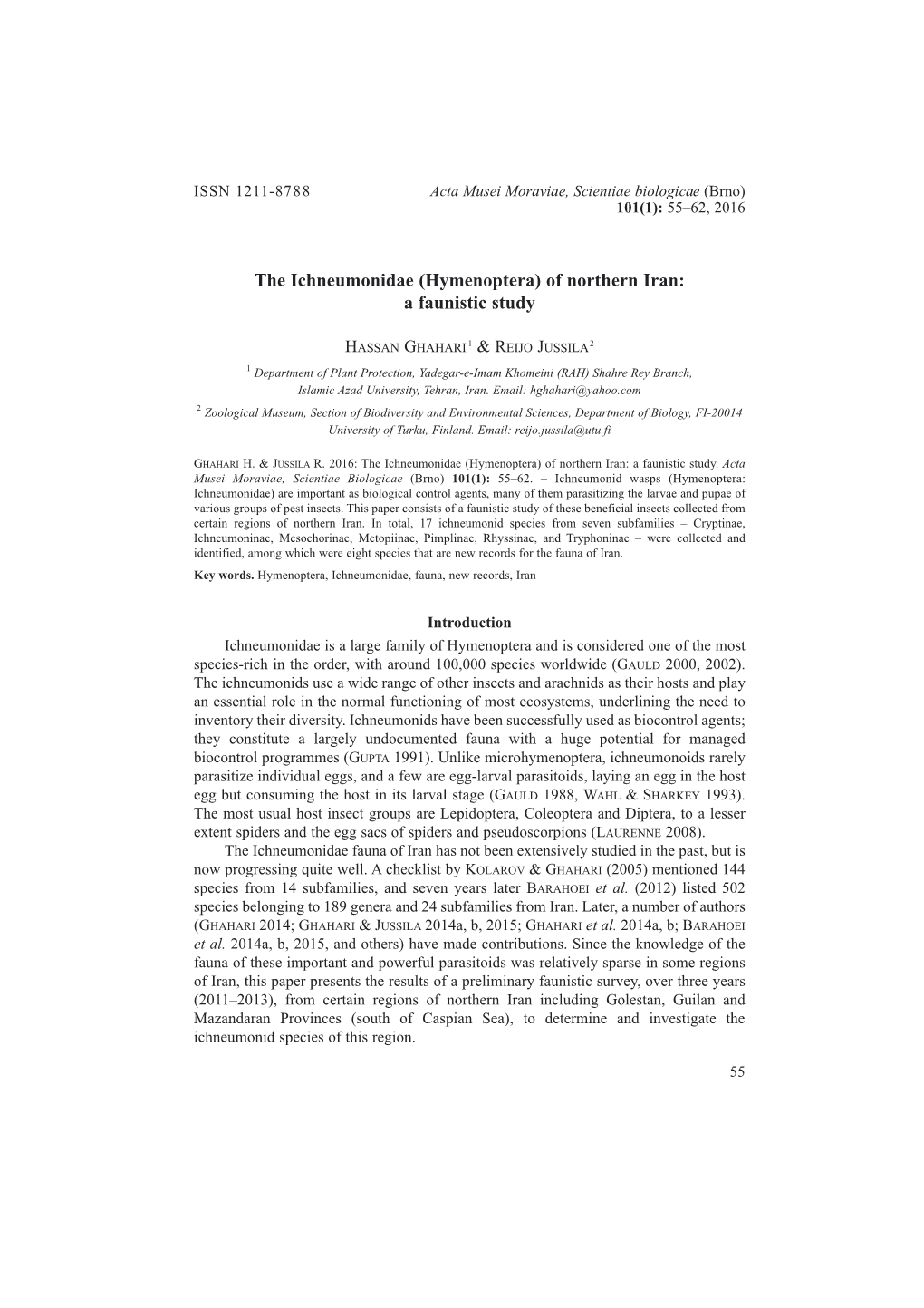 The Ichneumonidae (Hymenoptera) of Northern Iran: a Faunistic Study