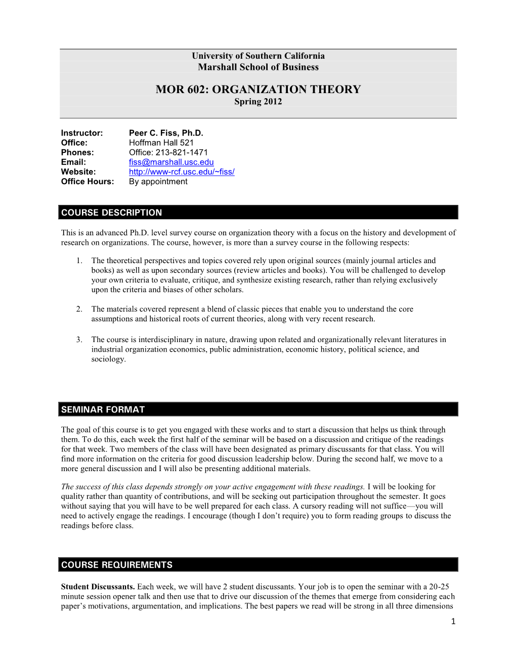 ORGANIZATION THEORY Spring 2012