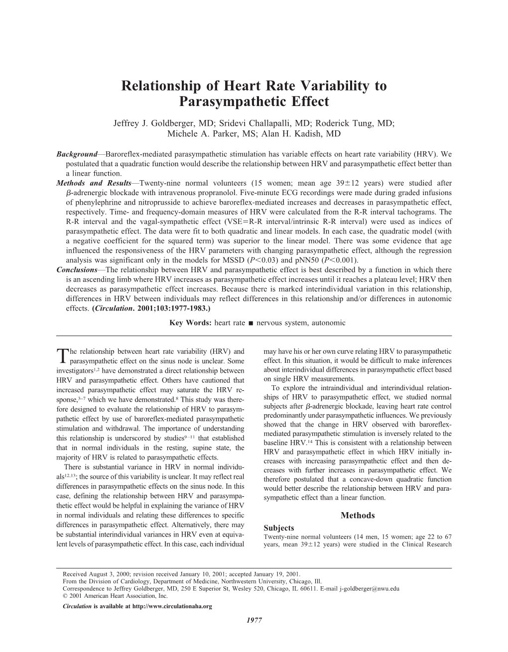 Relationship of Heart Rate Variability to Parasympathetic Effect
