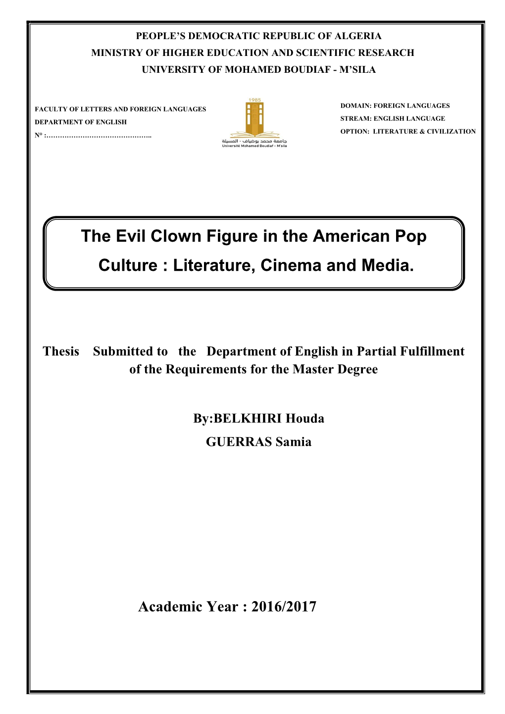 The Evil Clown Figure in the American Pop Culture : Literature, Cinema and Media