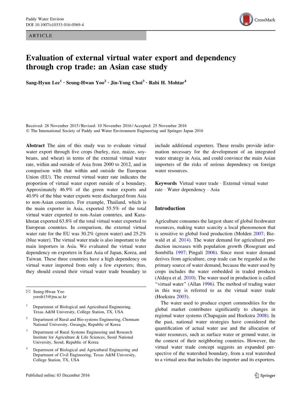 Evaluation of External Virtual Water Export and Dependency Through Crop Trade: an Asian Case Study