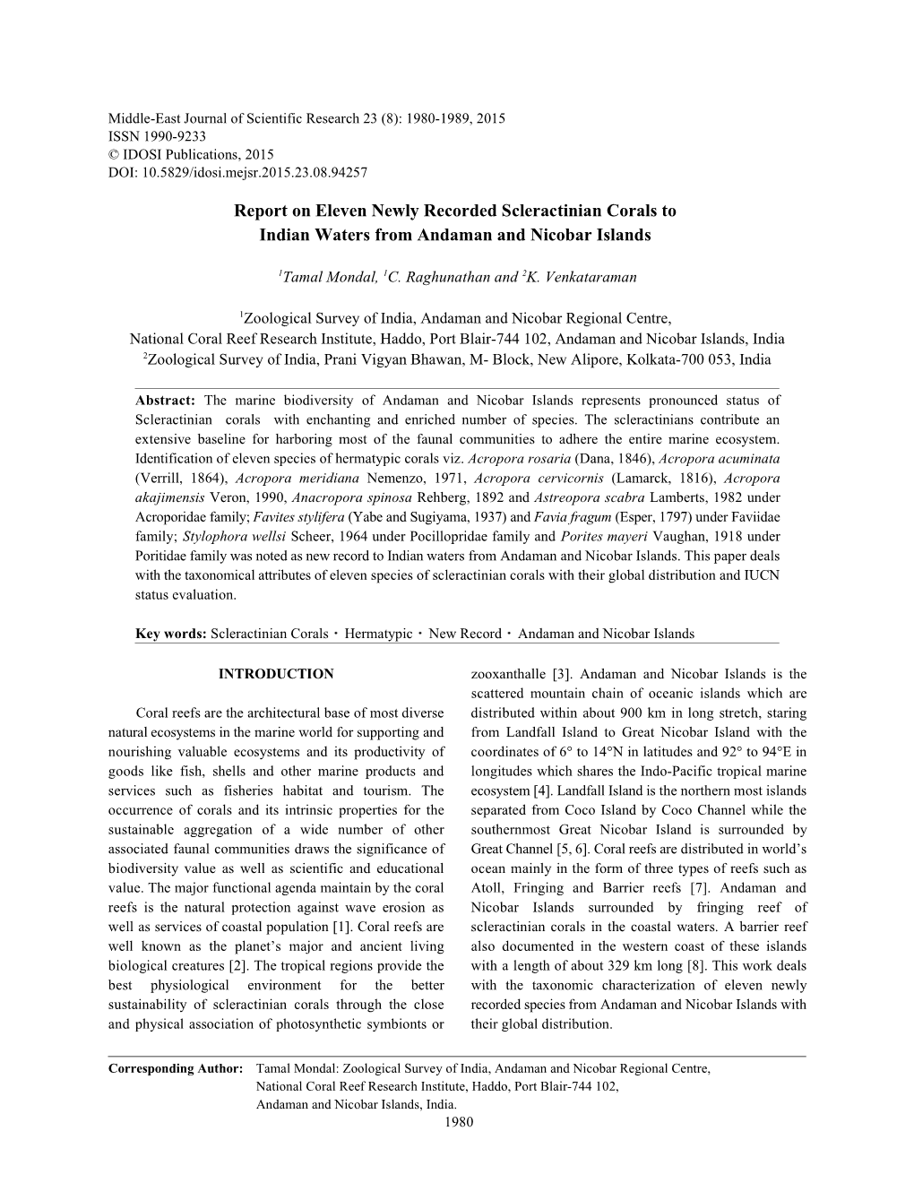 Report on Eleven Newly Recorded Scleractinian Corals to Indian Waters from Andaman and Nicobar Islands